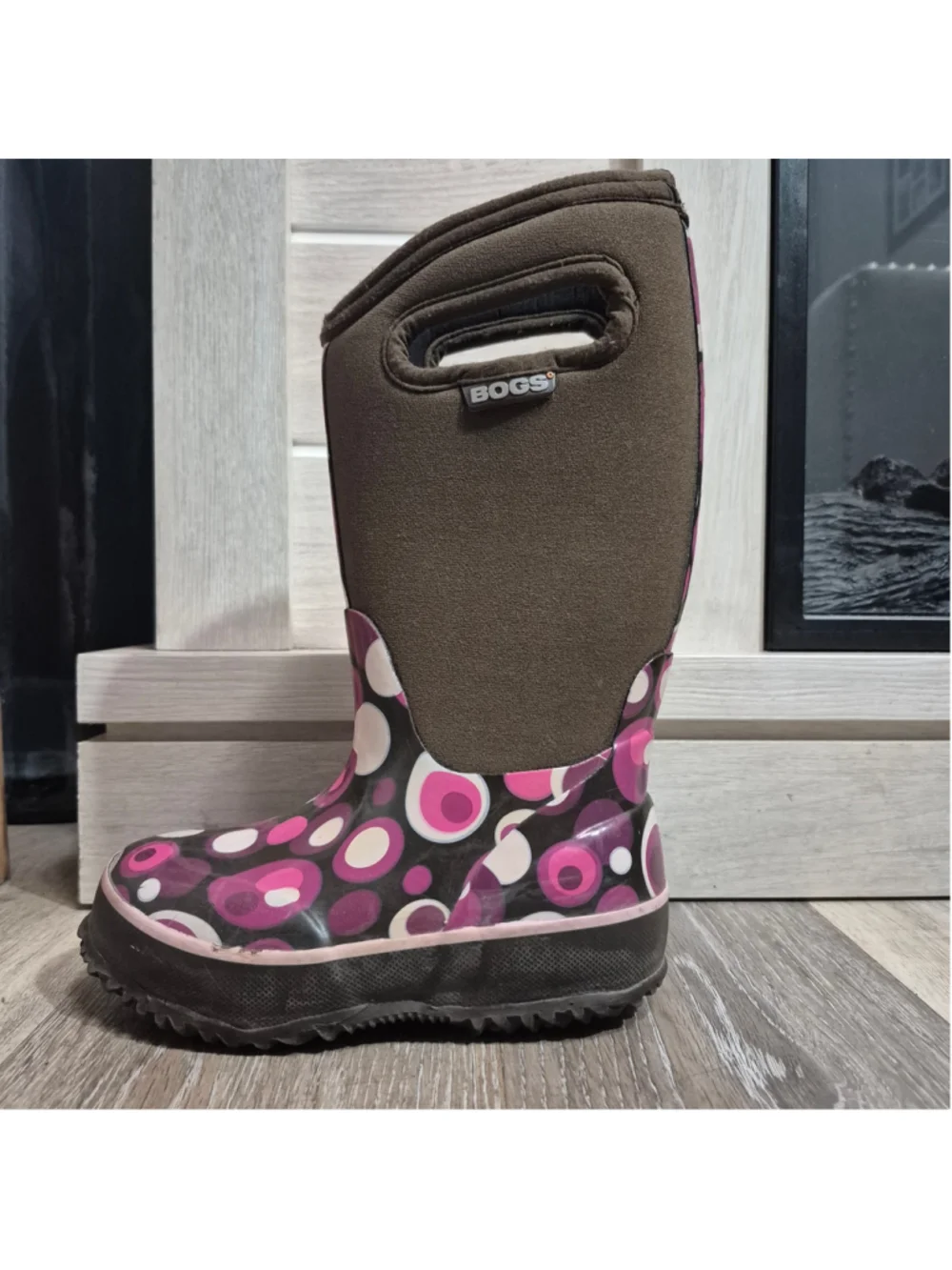 Girls Bogs Winter Boots Brown and Purple Polka Dot Pattern sz 10